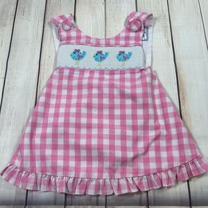 Three Sisters Pink Gingham  Dress with Smocked Birds. Size 12 months.